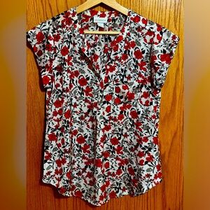 Liz Claiborne Red Floral Satin Popover Top Women's Size small‎